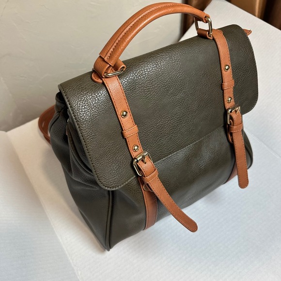 MMS Olive Green Cognac Brown Vegan Leather Convertible Backpack Satchel Bag - Picture 2 of 12